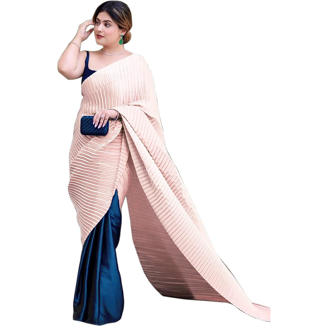 Sidhidata Womens Pleated/Crushed Plain Chinon Saree With Unstitched Blouse Piece (Peach)