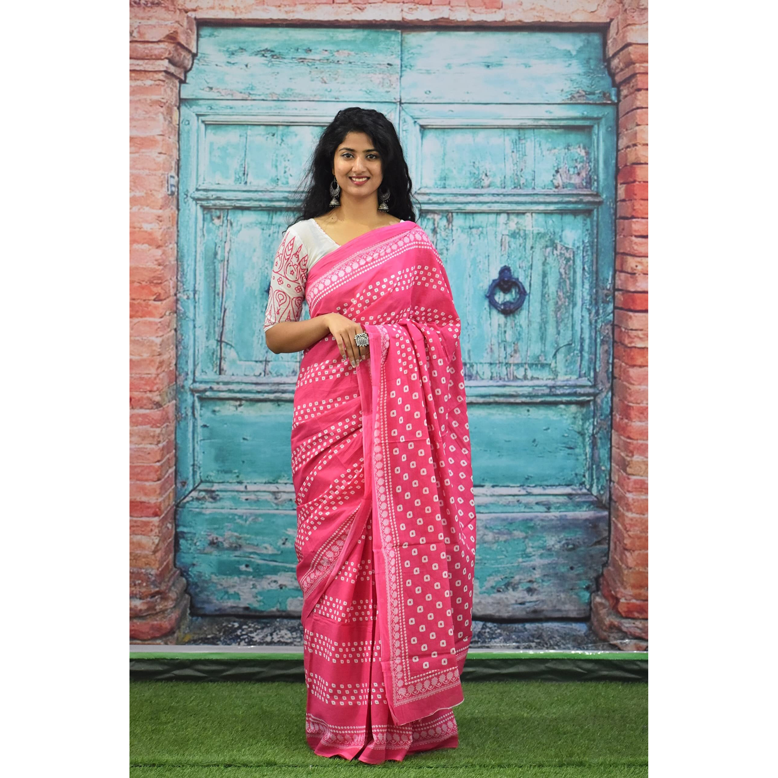 Kiaaron Womens Ikat Hand Block Print Jaipuri Cotton Mulmul Saree with Blouse Piece - Pink_68