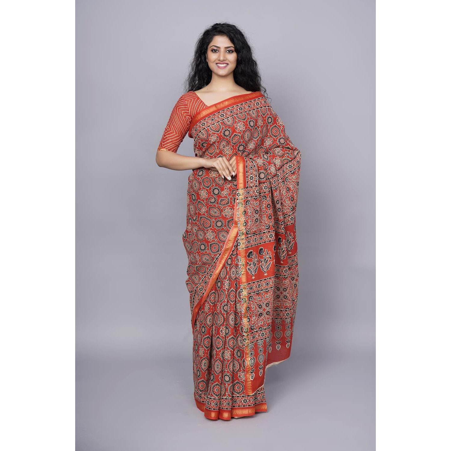 Kiaaron Handicrafts Womens Ikat Hand Block Print Jaipuri Cotton Mulmul Saree Zari Border with Blouse Piece_Red_18