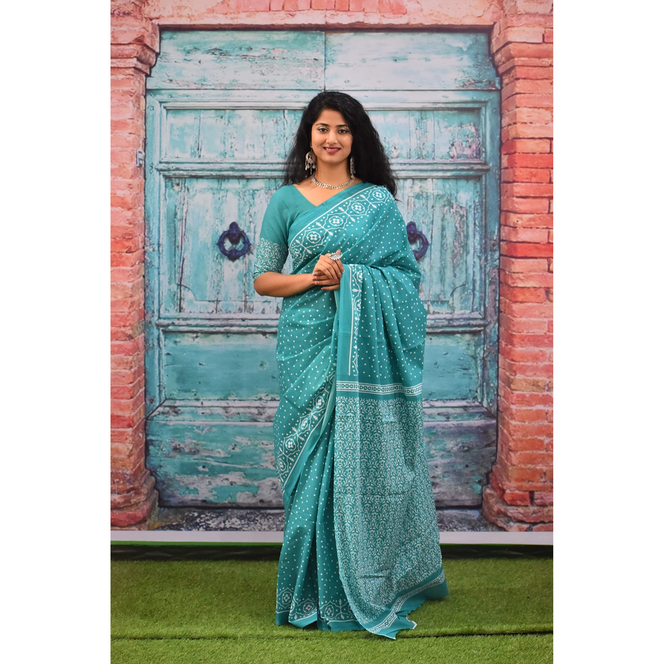 Kiaaron Womens Ikat Hand Block Print Jaipuri Cotton Mulmul Saree with Blouse Piece - Turquiose_73