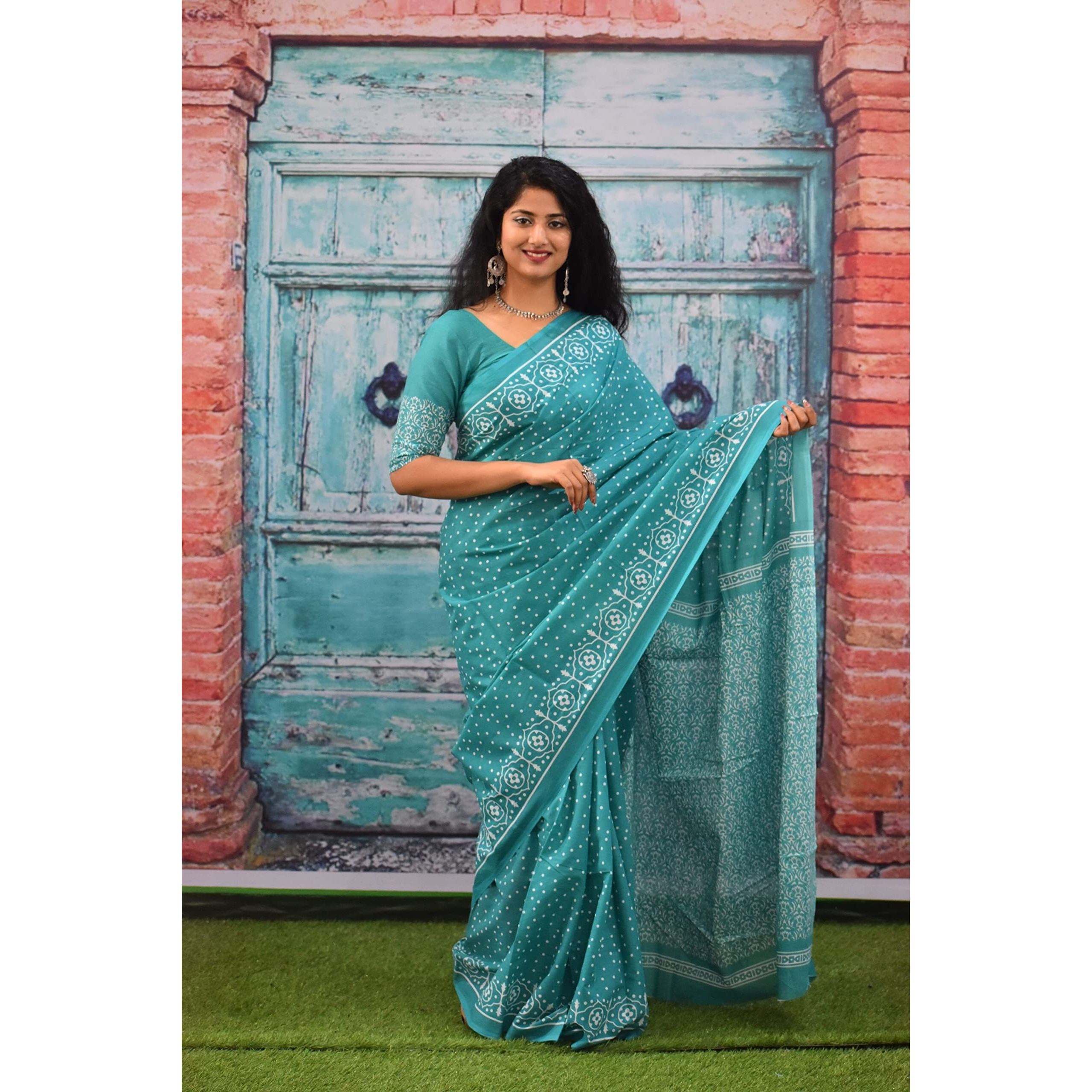 Kiaaron Womens Ikat Hand Block Print Jaipuri Cotton Mulmul Saree with Blouse Piece - Turquiose_73