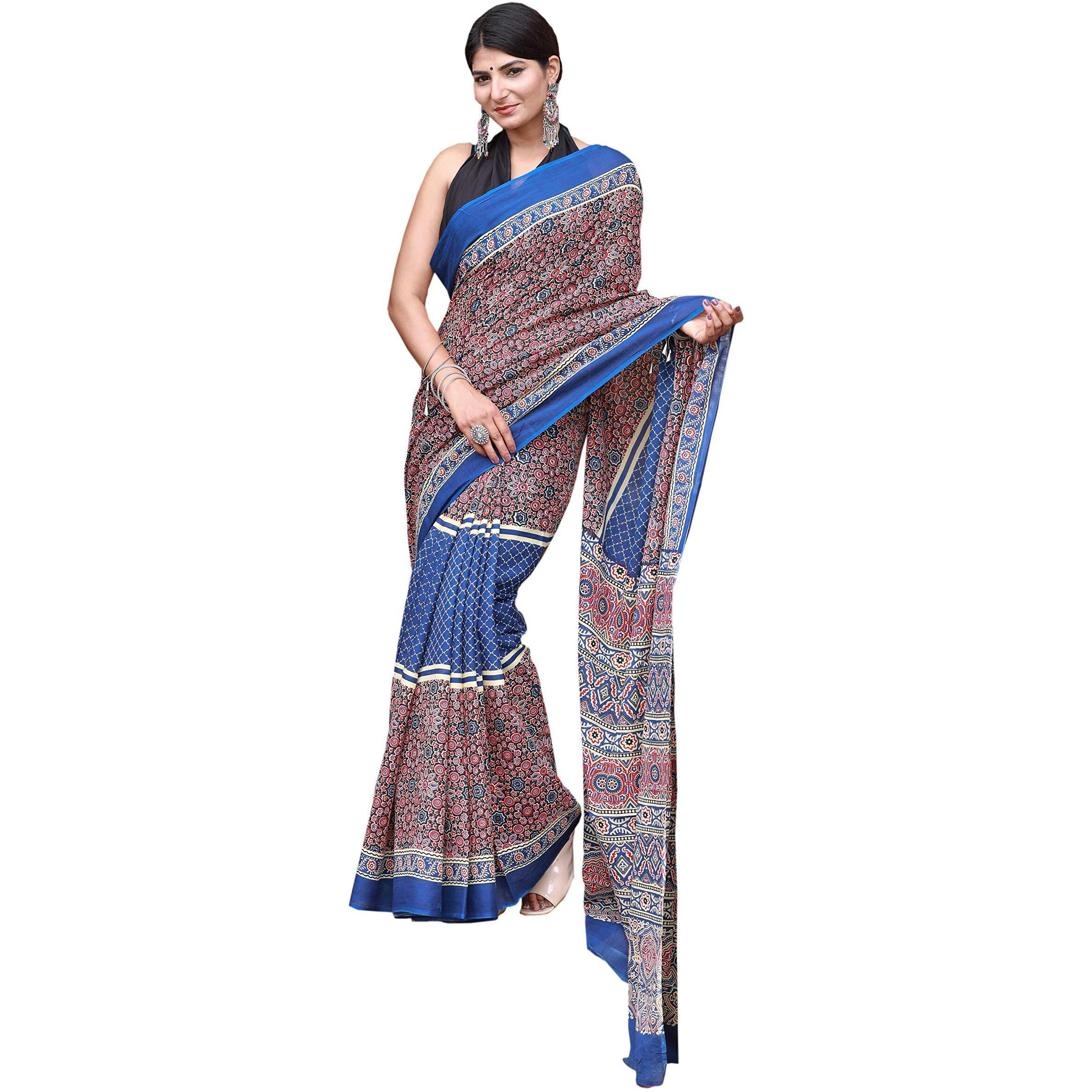 Kiaaron Womens Hand Block Kalamkari Batik Bagru Jaipuri Ikat Printed Handloom Pure Cotton Mulmul Traditional Ethnic Cotton Sarees With Printed Blouse Piece - Multicolor