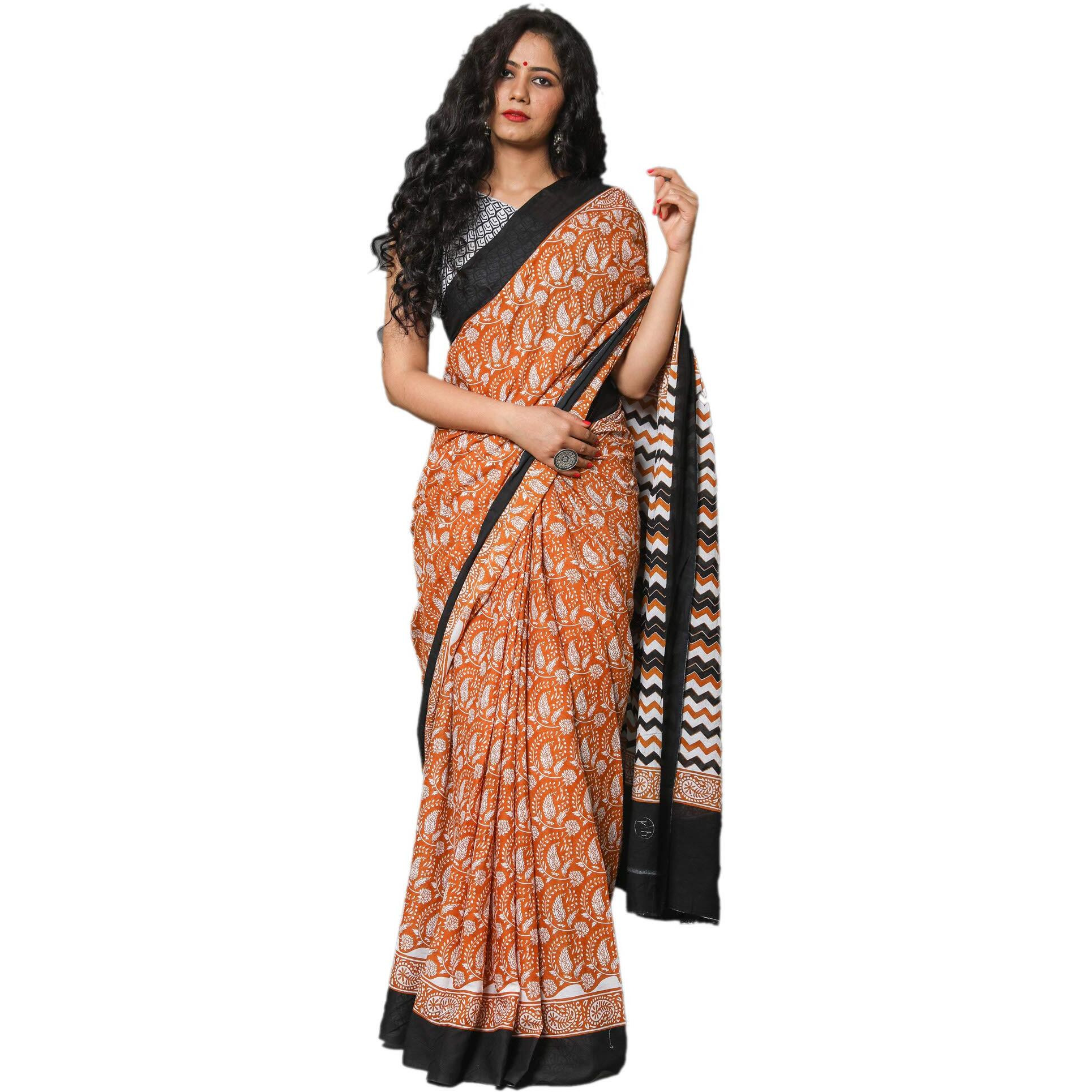 Kiaaron Womens Hand Block Kalamkari Batik Bagru Jaipuri Ikat Printed Handloom Pure Cotton Mulmul Traditional Ethnic Cotton Sarees With Printed Blouse Piece - Mustered