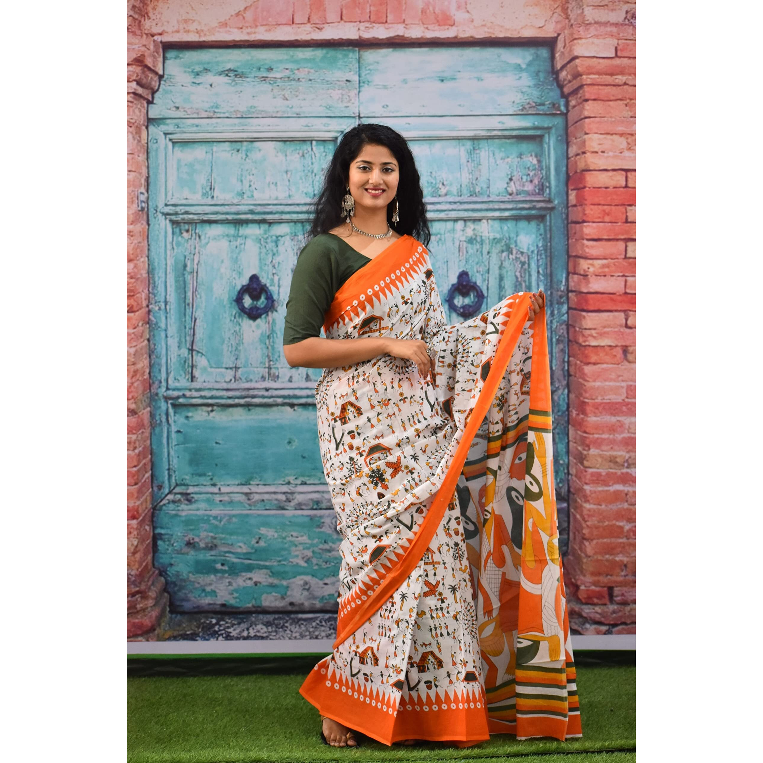 Kiaaron Womens Ikat Hand Block Print Jaipuri Cotton Mulmul Saree with Blouse Piece - Orange_163
