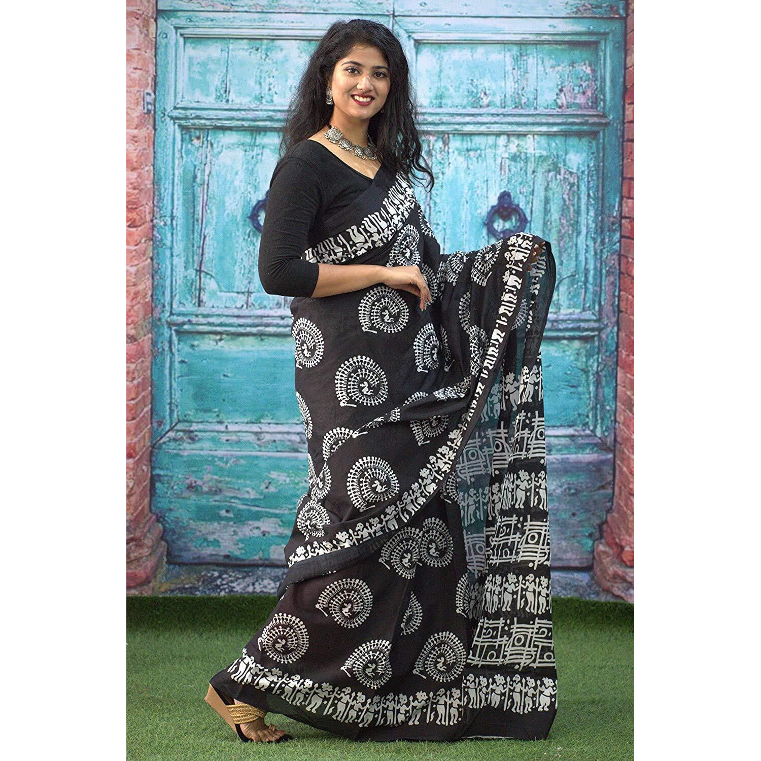 Kiaaron Womens Hand Block Kalamkari Batik Bagru Jaipuri Ikat Printed Handloom Pure Cotton Mulmul Traditional Ethnic Cotton Sarees With Printed Blouse Piece - Black_White