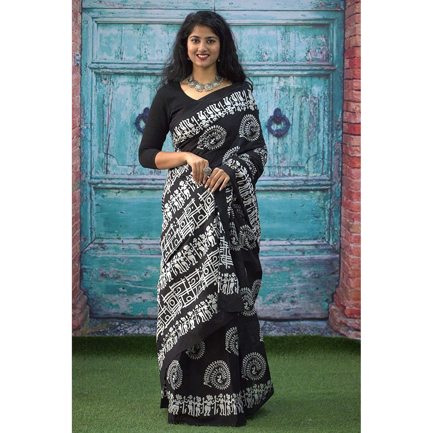 Kiaaron Womens Hand Block Kalamkari Batik Bagru Jaipuri Ikat Printed Handloom Pure Cotton Mulmul Traditional Ethnic Cotton Sarees With Printed Blouse Piece - Black_White