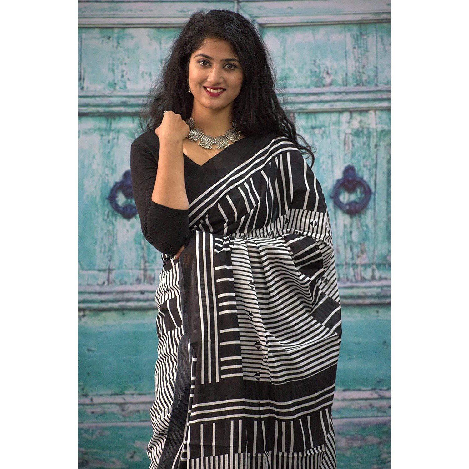 Kiaaron Womens Hand Block Kalamkari Batik Bagru Jaipuri Ikat Printed Handloom Pure Cotton Mulmul Traditional Ethnic Cotton Sarees With Printed Blouse Piece - Black