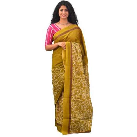 Kiaaron Womens Ikat Hand Block Print Jaipuri Cotton Mulmul Saree with Blouse Piece - Mustard_342