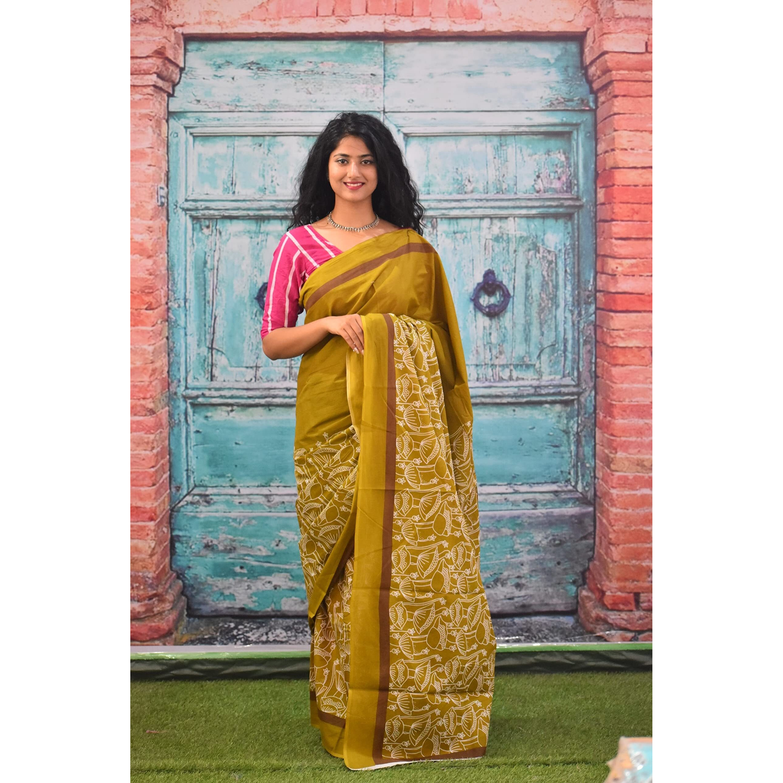 Kiaaron Womens Ikat Hand Block Print Jaipuri Cotton Mulmul Saree with Blouse Piece - Mustard_342