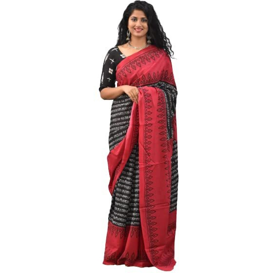 Kiaaron Womens Ikat Hand Block Print Jaipuri Cotton Mulmul Saree with Blouse Piece - Red_168