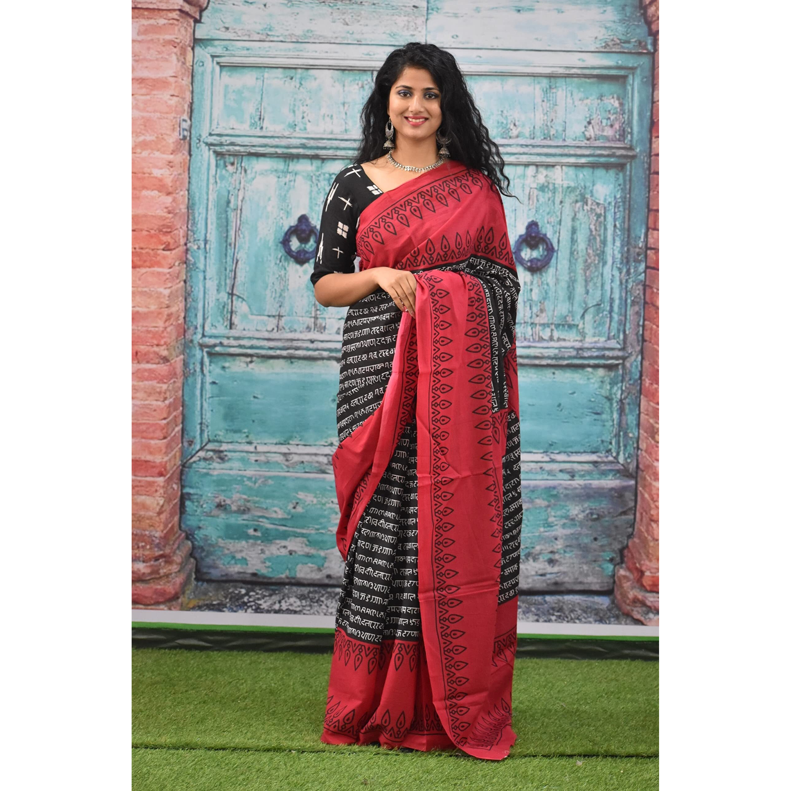 Kiaaron Womens Ikat Hand Block Print Jaipuri Cotton Mulmul Saree with Blouse Piece - Red_168