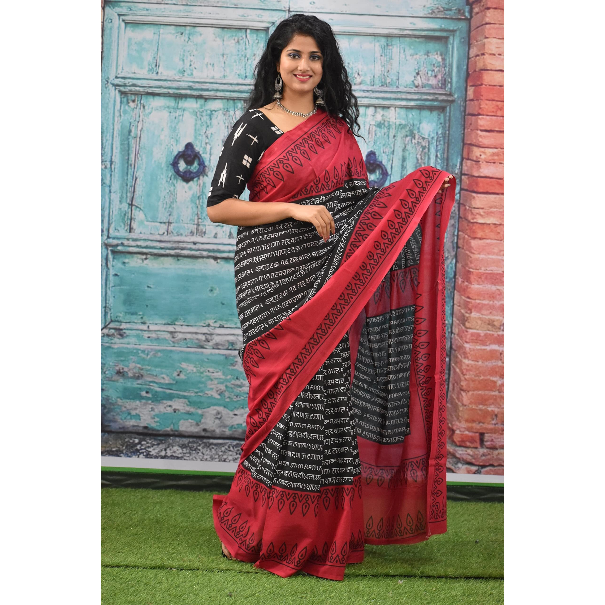 Kiaaron Womens Ikat Hand Block Print Jaipuri Cotton Mulmul Saree with Blouse Piece - Red_168