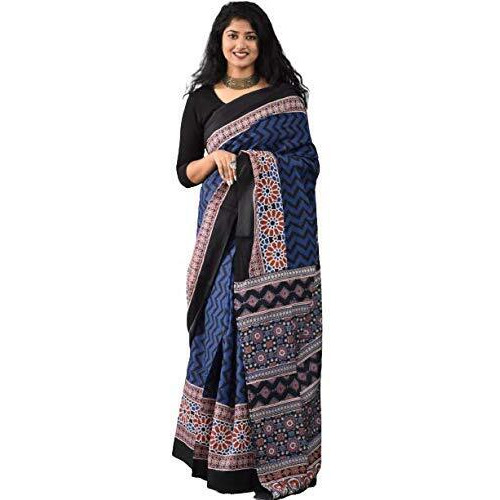 Kiaaron Womens Hand Block Kalamkari Batik Bagru Jaipuri Ikat Printed Handloom Pure Cotton Mulmul Traditional Ethnic Cotton Sarees With Printed Blouse Piece - Blue
