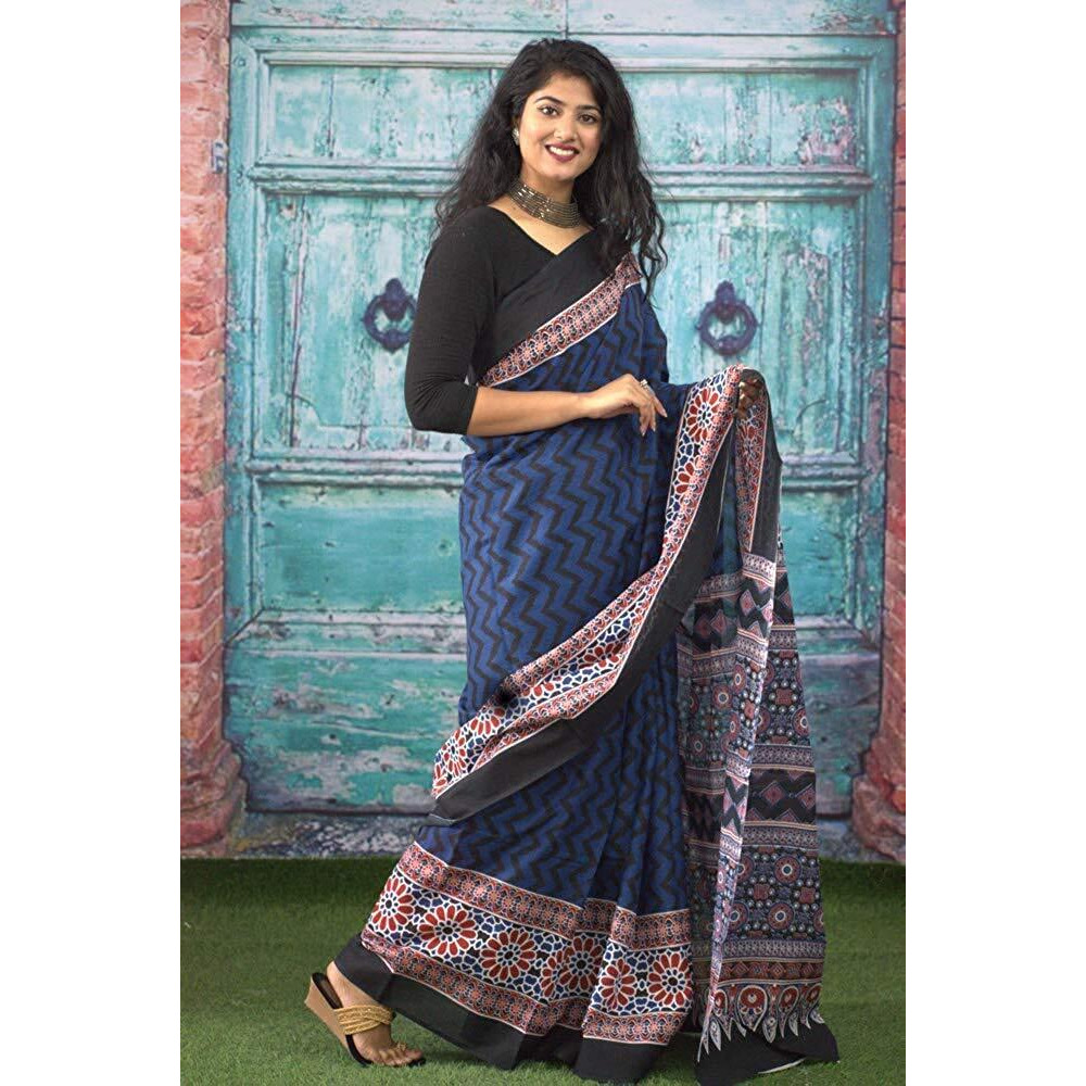 Kiaaron Womens Hand Block Kalamkari Batik Bagru Jaipuri Ikat Printed Handloom Pure Cotton Mulmul Traditional Ethnic Cotton Sarees With Printed Blouse Piece - Blue