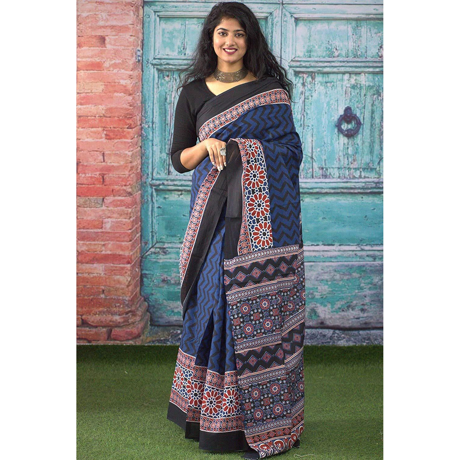 Kiaaron Womens Hand Block Kalamkari Batik Bagru Jaipuri Ikat Printed Handloom Pure Cotton Mulmul Traditional Ethnic Cotton Sarees With Printed Blouse Piece - Blue