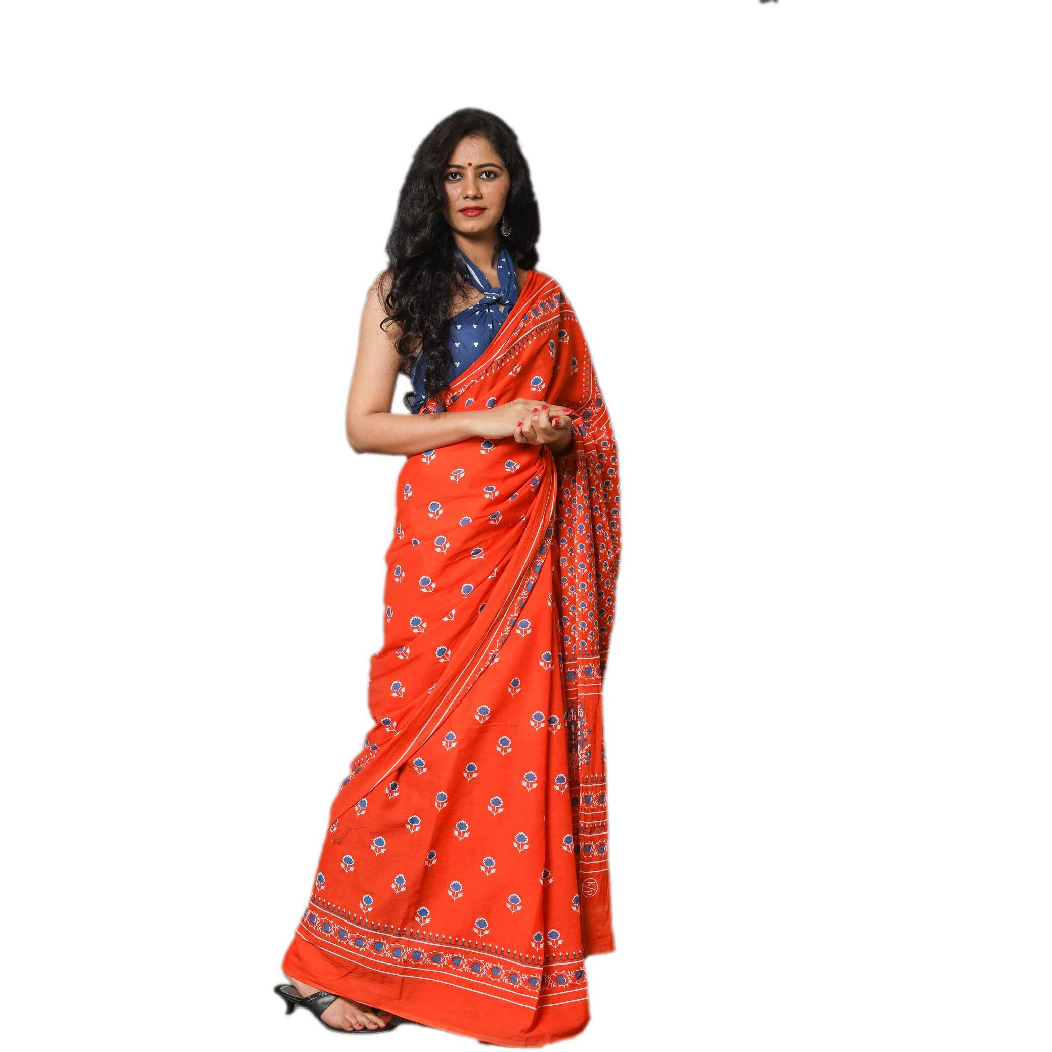 Kiaaron Womens Hand Block Kalamkari Batik Bagru Jaipuri Ikat Printed Handloom Pure Cotton Mulmul Traditional Ethnic Cotton Sarees With Printed Blouse Piece - Orange