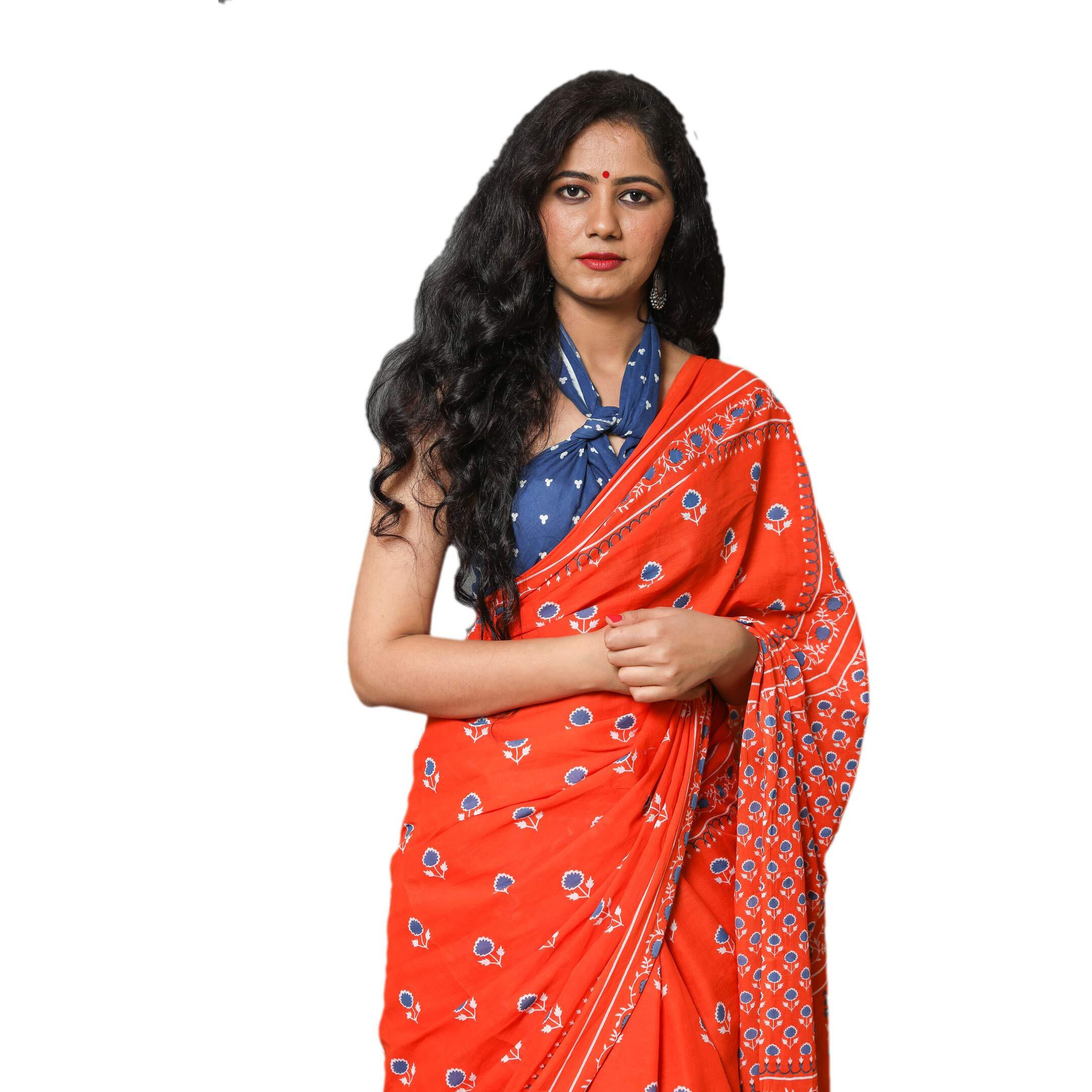 Kiaaron Womens Hand Block Kalamkari Batik Bagru Jaipuri Ikat Printed Handloom Pure Cotton Mulmul Traditional Ethnic Cotton Sarees With Printed Blouse Piece - Orange