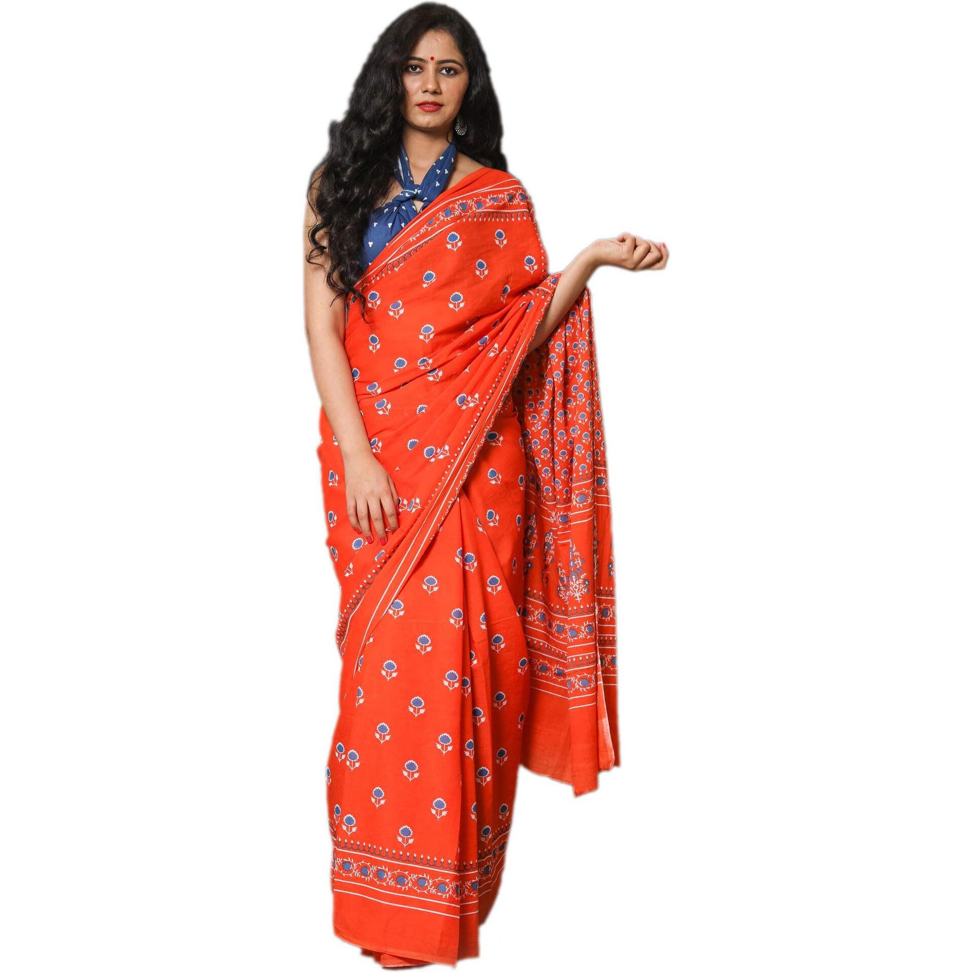 Kiaaron Womens Hand Block Kalamkari Batik Bagru Jaipuri Ikat Printed Handloom Pure Cotton Mulmul Traditional Ethnic Cotton Sarees With Printed Blouse Piece - Orange