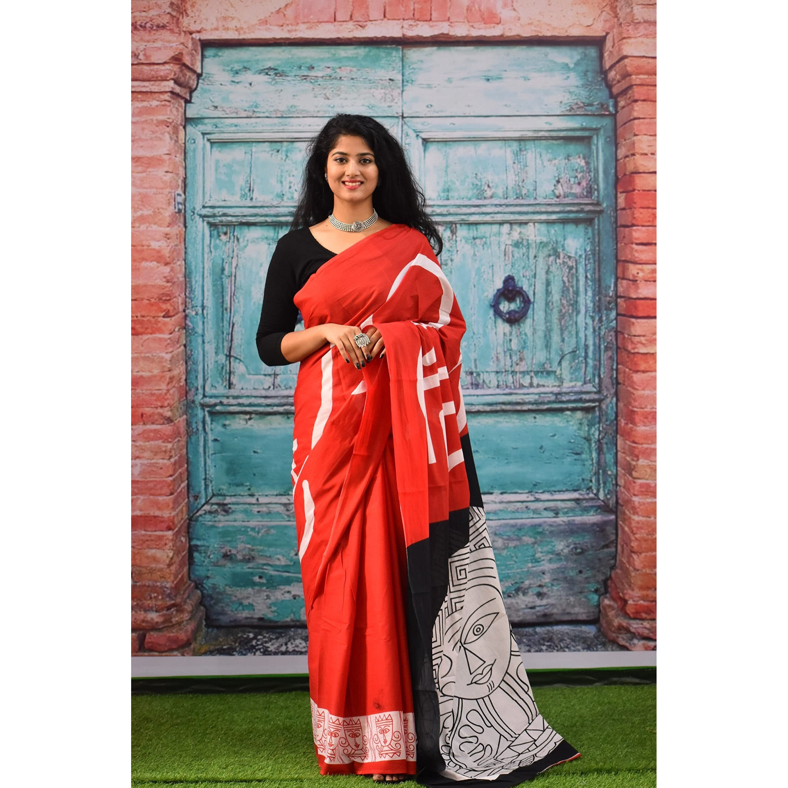 Kiaaron Womens Ikat Hand Block Print Jaipuri Cotton Mulmul Saree with Blouse Piece - Red_161