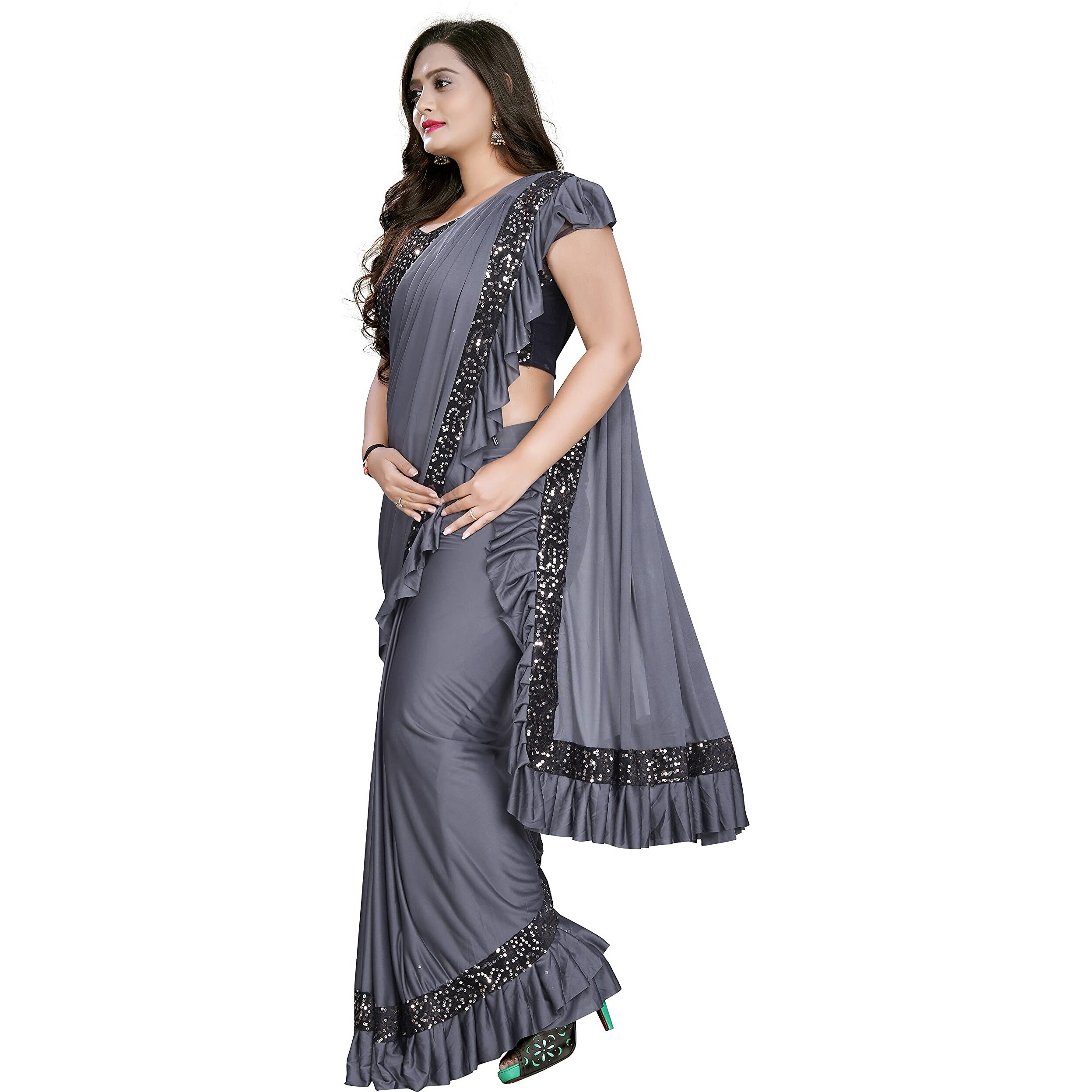 HARPITA Womens Lycra Readymate Saree With Sequin Border And stitched Blouse Piece(Readymade-sequin-Grey)
