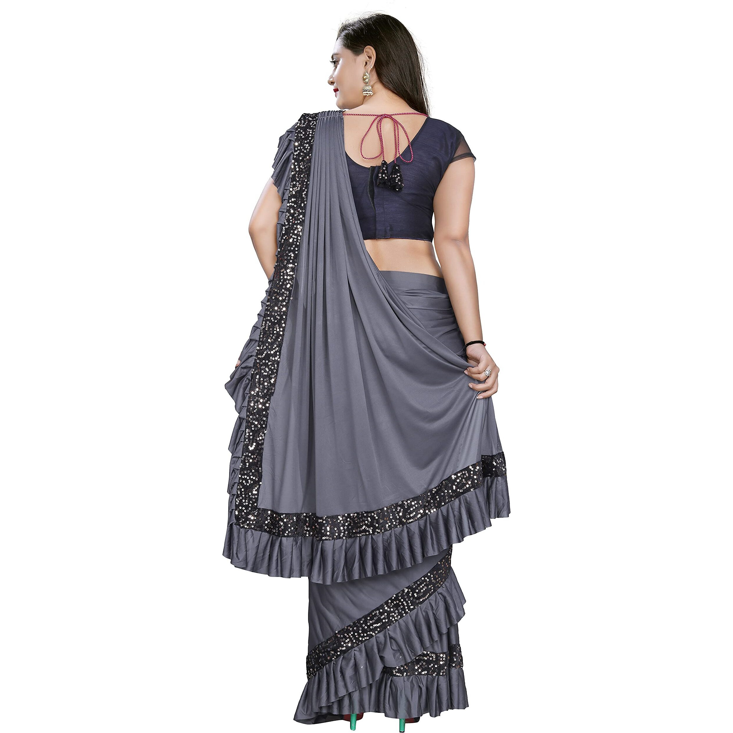 HARPITA Womens Lycra Readymate Saree With Sequin Border And stitched Blouse Piece(Readymade-sequin-Grey)