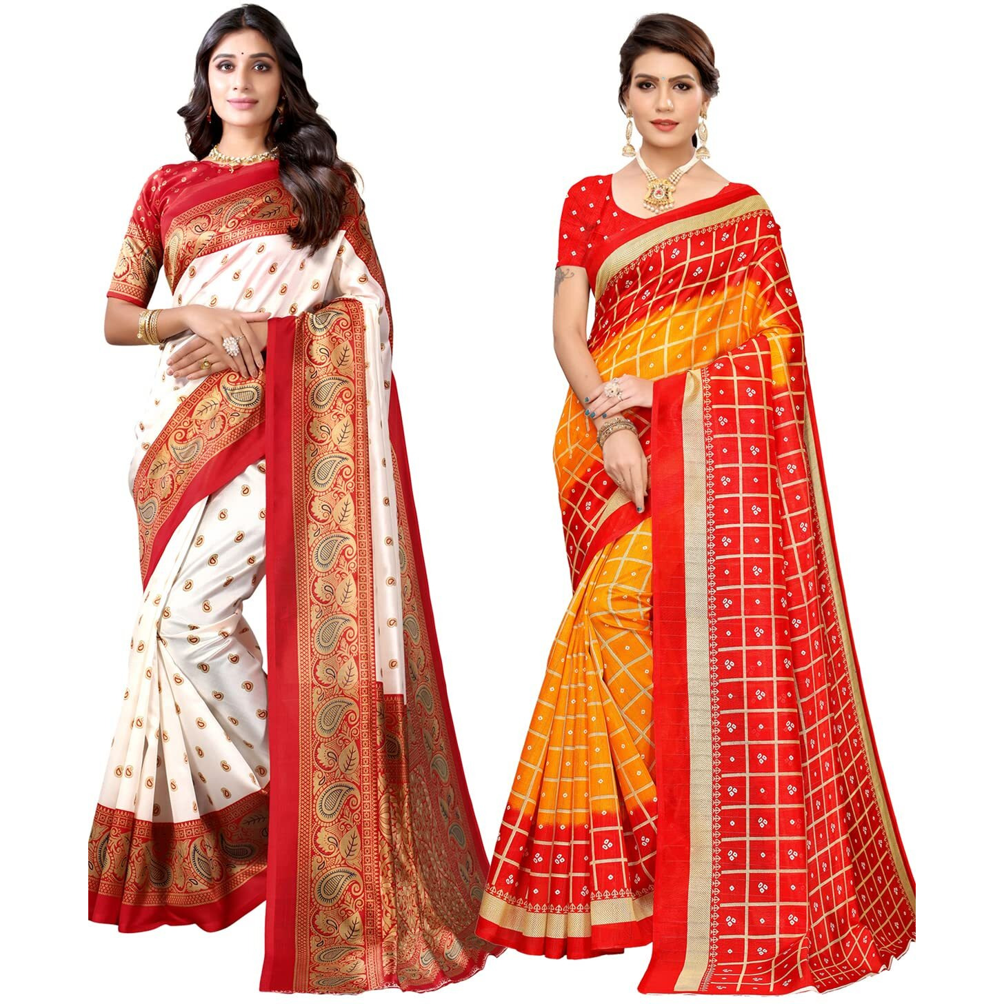SIRIL Womens Printed Silk Blend Saree with Blouse Combo Pack Of 2(2329S781_1159S88_White||Red)