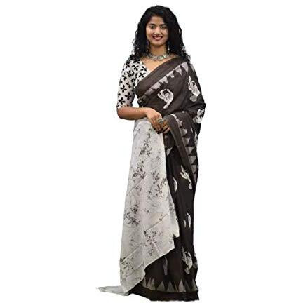 Kiaaron Ikat Hand Block Print Cotton Mulmul Saree with Blouse Piece for Women - Brown