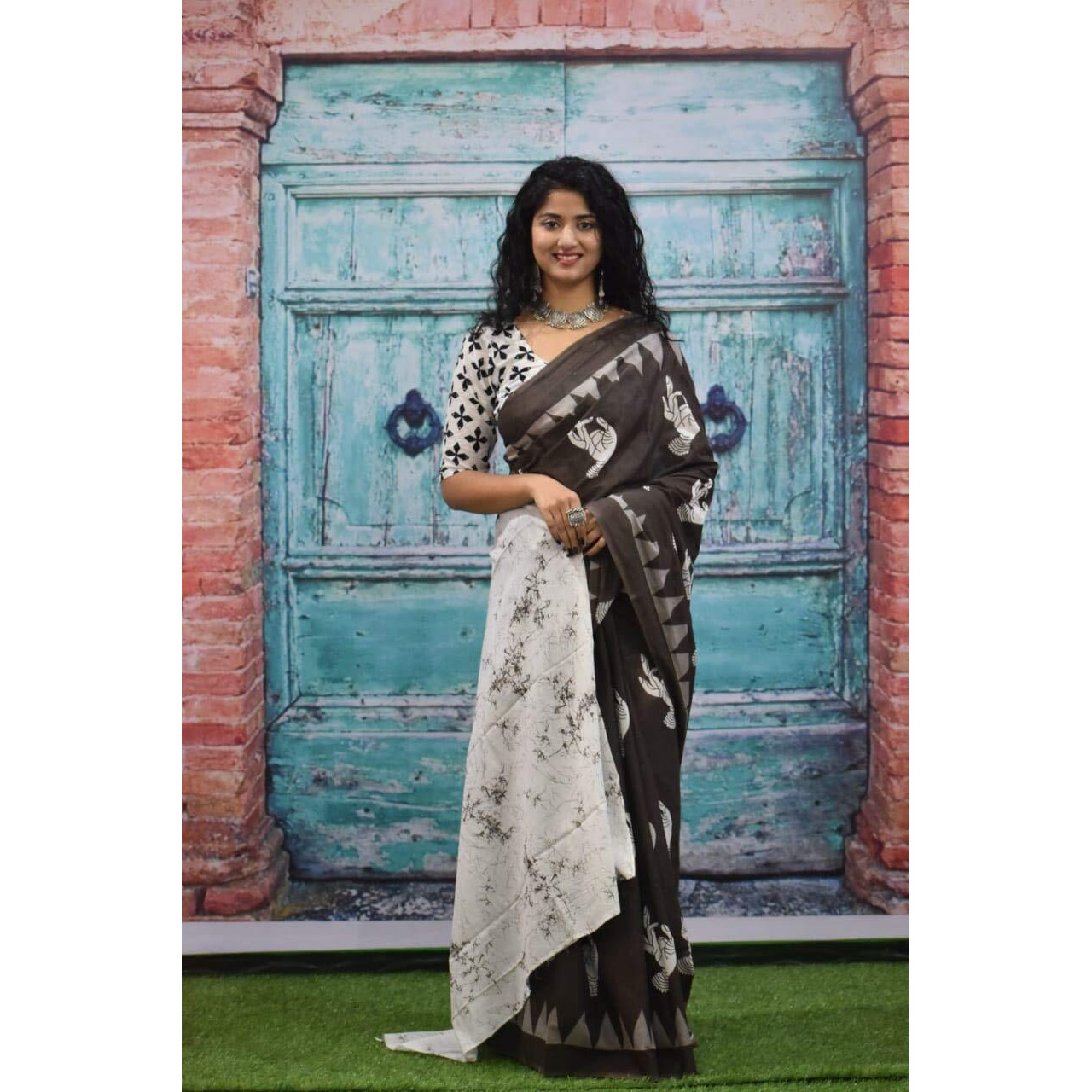 Kiaaron Ikat Hand Block Print Cotton Mulmul Saree with Blouse Piece for Women - Brown
