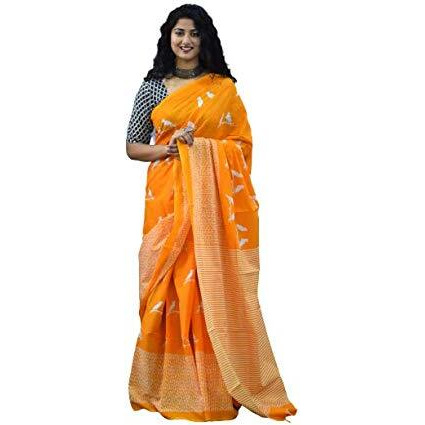 Kiaaron Ikat Hand Block Print Cotton Mulmul Saree with Blouse Piece for Women - Yellow