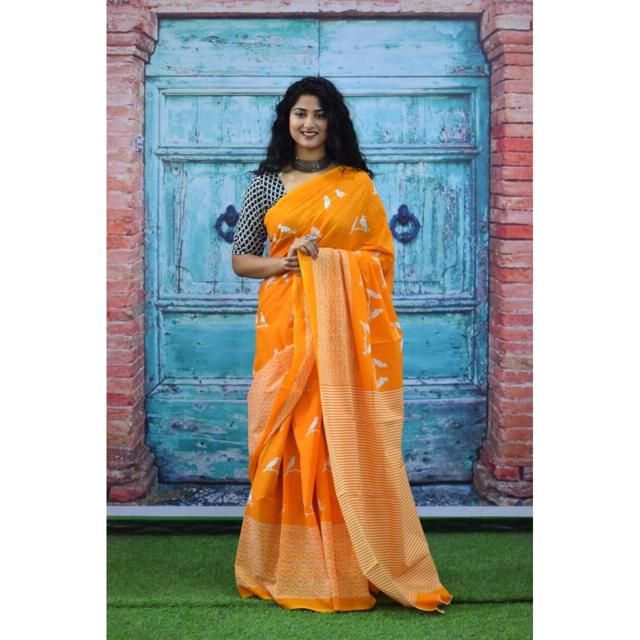 Kiaaron Ikat Hand Block Print Cotton Mulmul Saree with Blouse Piece for Women - Yellow