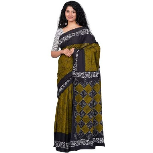 Kiaaron Womens Hand Block Kalamkari Batik Bagru Jaipuri Ikat Printed Handloom Pure Cotton Mulmul Traditional Ethnic Cotton Sarees With Printed Blouse Piece - Blue