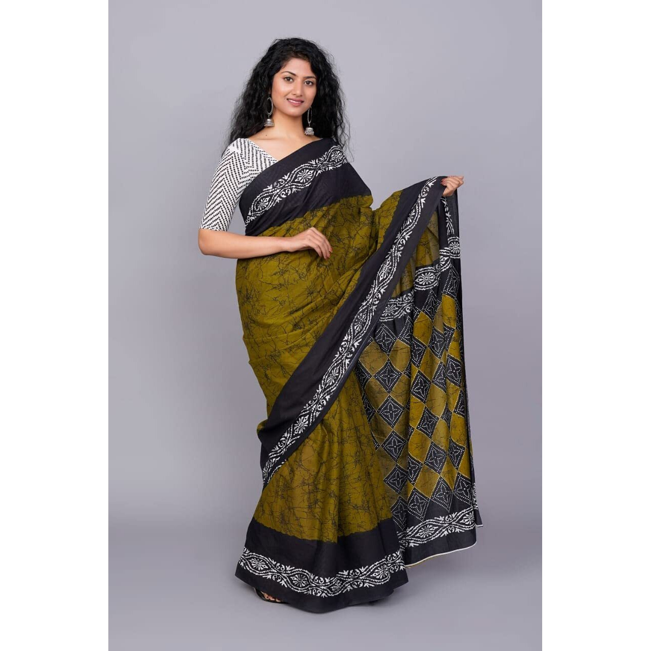 Kiaaron Womens Hand Block Kalamkari Batik Bagru Jaipuri Ikat Printed Handloom Pure Cotton Mulmul Traditional Ethnic Cotton Sarees With Printed Blouse Piece - Blue