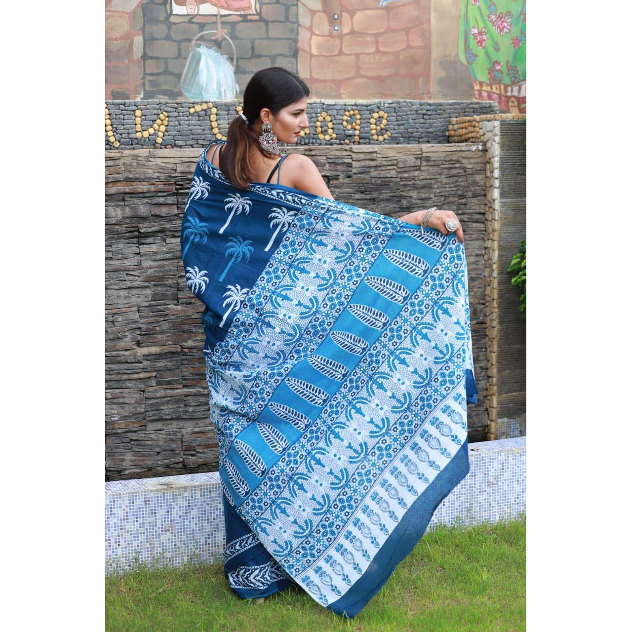 Kiaaron Womens Hand Block Kalamkari Batik Bagru Jaipuri Ikat Printed Handloom Pure Cotton Mulmul Traditional Ethnic Cotton Sarees With Printed Blouse Piece - Blue