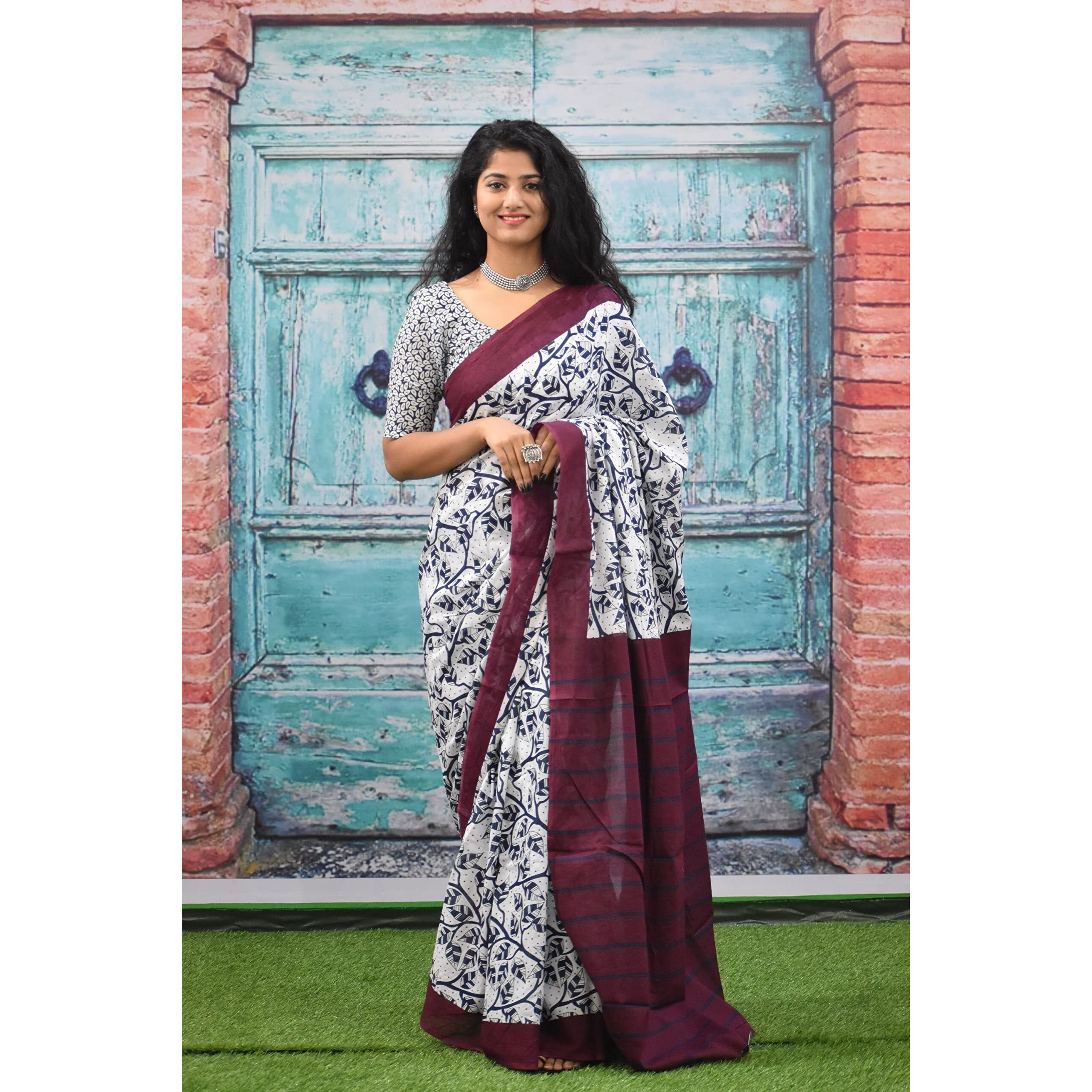 Kiaaron Womens Ikat Hand Block Print Jaipuri Cotton Mulmul Saree with Blouse Piece -White_Kia528
