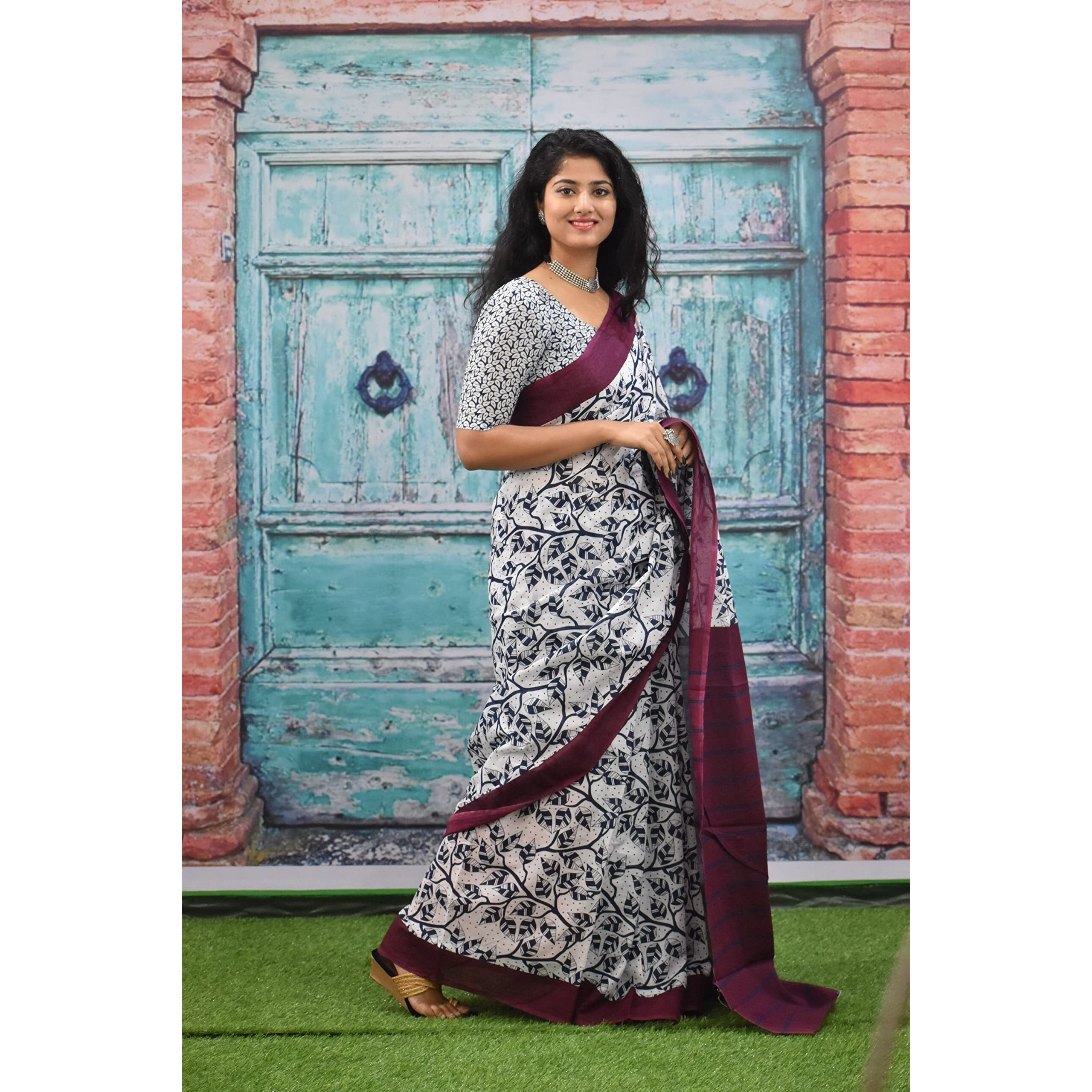 Kiaaron Womens Ikat Hand Block Print Jaipuri Cotton Mulmul Saree with Blouse Piece -White_Kia528