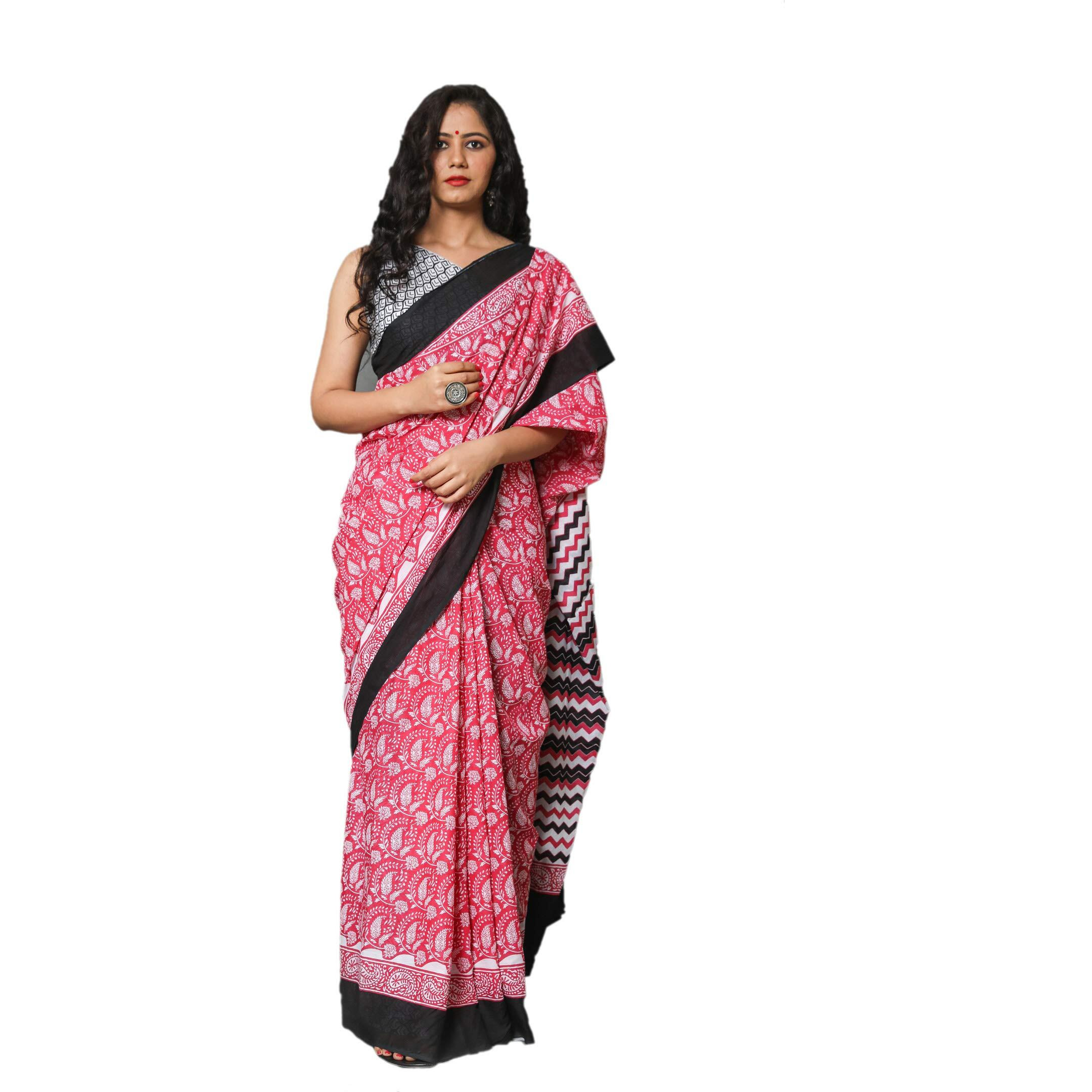 Kiaaron Womens Hand Block Kalamkari Batik Bagru Jaipuri Ikat Printed Handloom Pure Cotton Mulmul Traditional Ethnic Cotton Sarees With Printed Blouse Piece - Pink