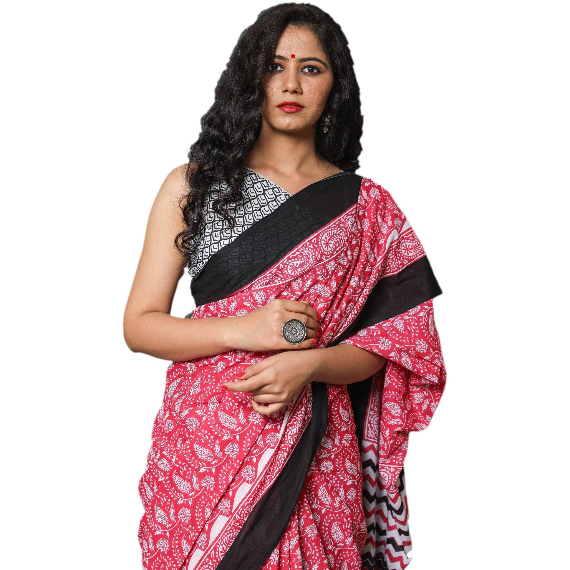Kiaaron Womens Hand Block Kalamkari Batik Bagru Jaipuri Ikat Printed Handloom Pure Cotton Mulmul Traditional Ethnic Cotton Sarees With Printed Blouse Piece - Pink