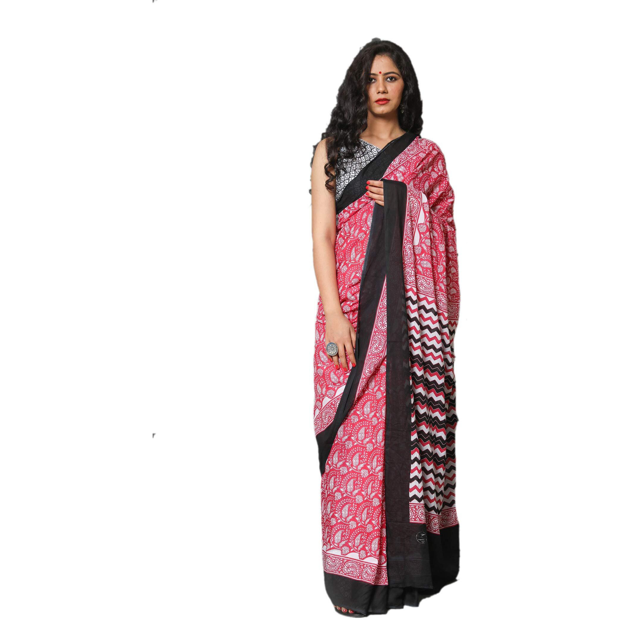 Kiaaron Womens Hand Block Kalamkari Batik Bagru Jaipuri Ikat Printed Handloom Pure Cotton Mulmul Traditional Ethnic Cotton Sarees With Printed Blouse Piece - Pink