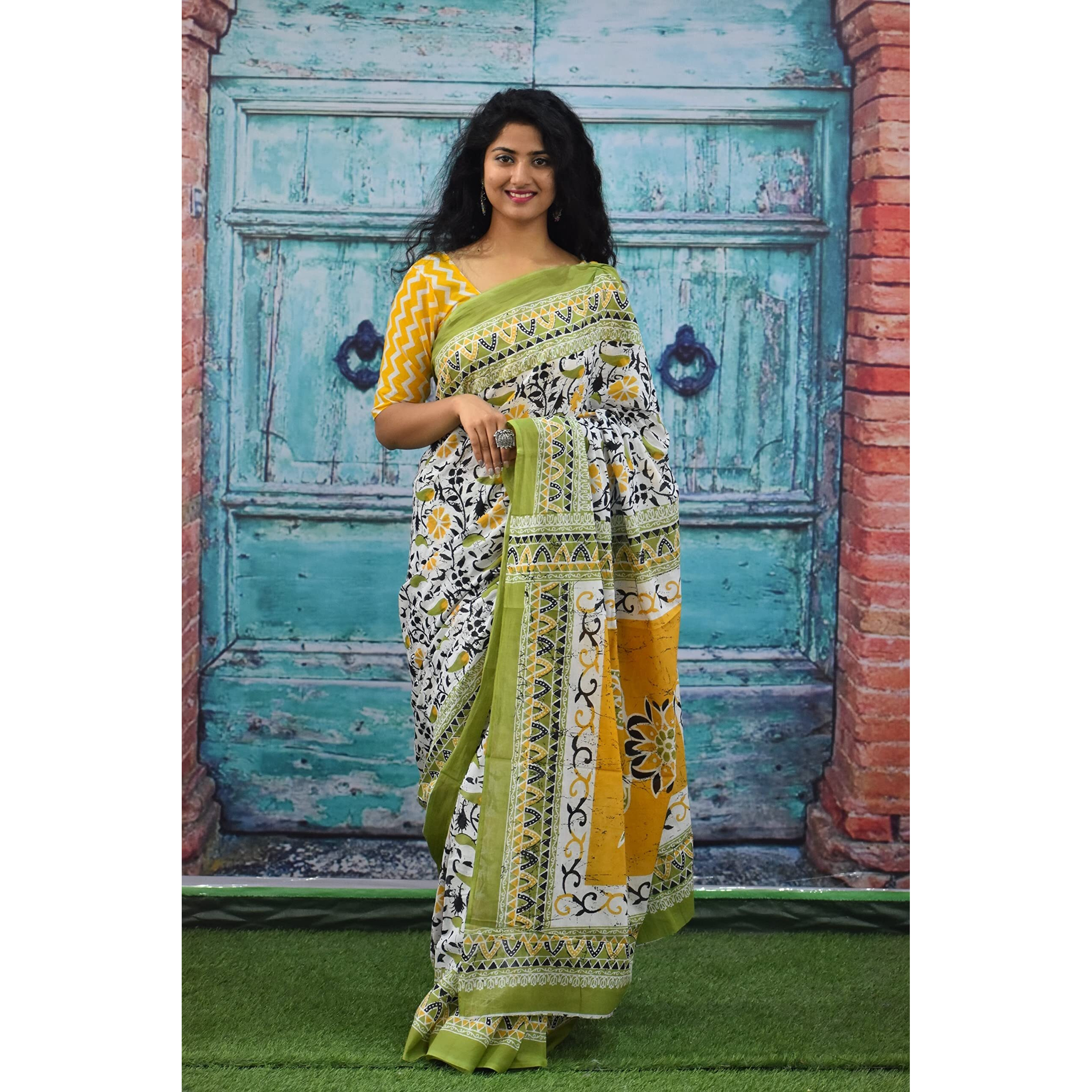 Kiaaron Womens Ikat Hand Block Print Jaipuri Cotton Mulmul Saree with Blouse Piece - Green_97
