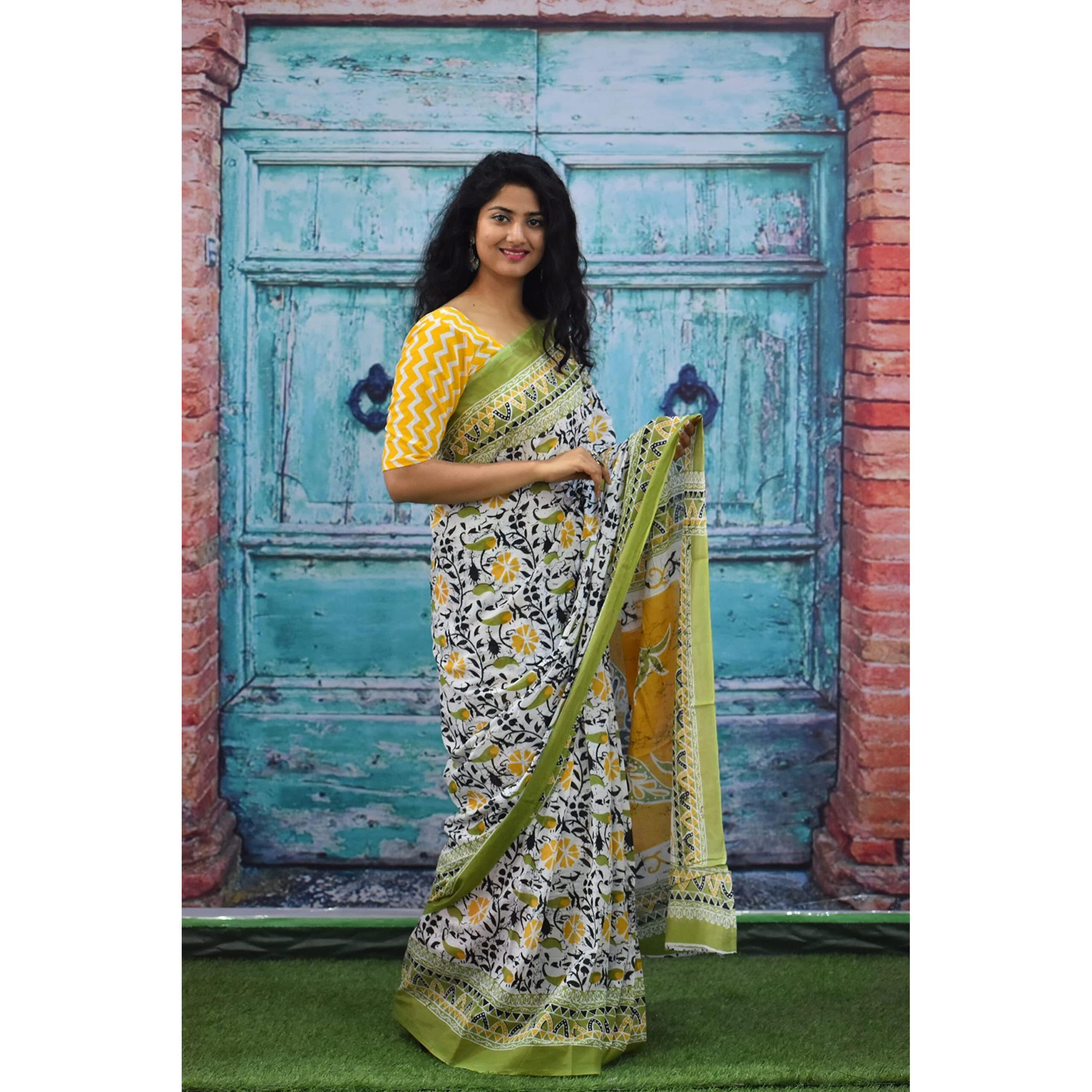 Kiaaron Womens Ikat Hand Block Print Jaipuri Cotton Mulmul Saree with Blouse Piece - Green_97