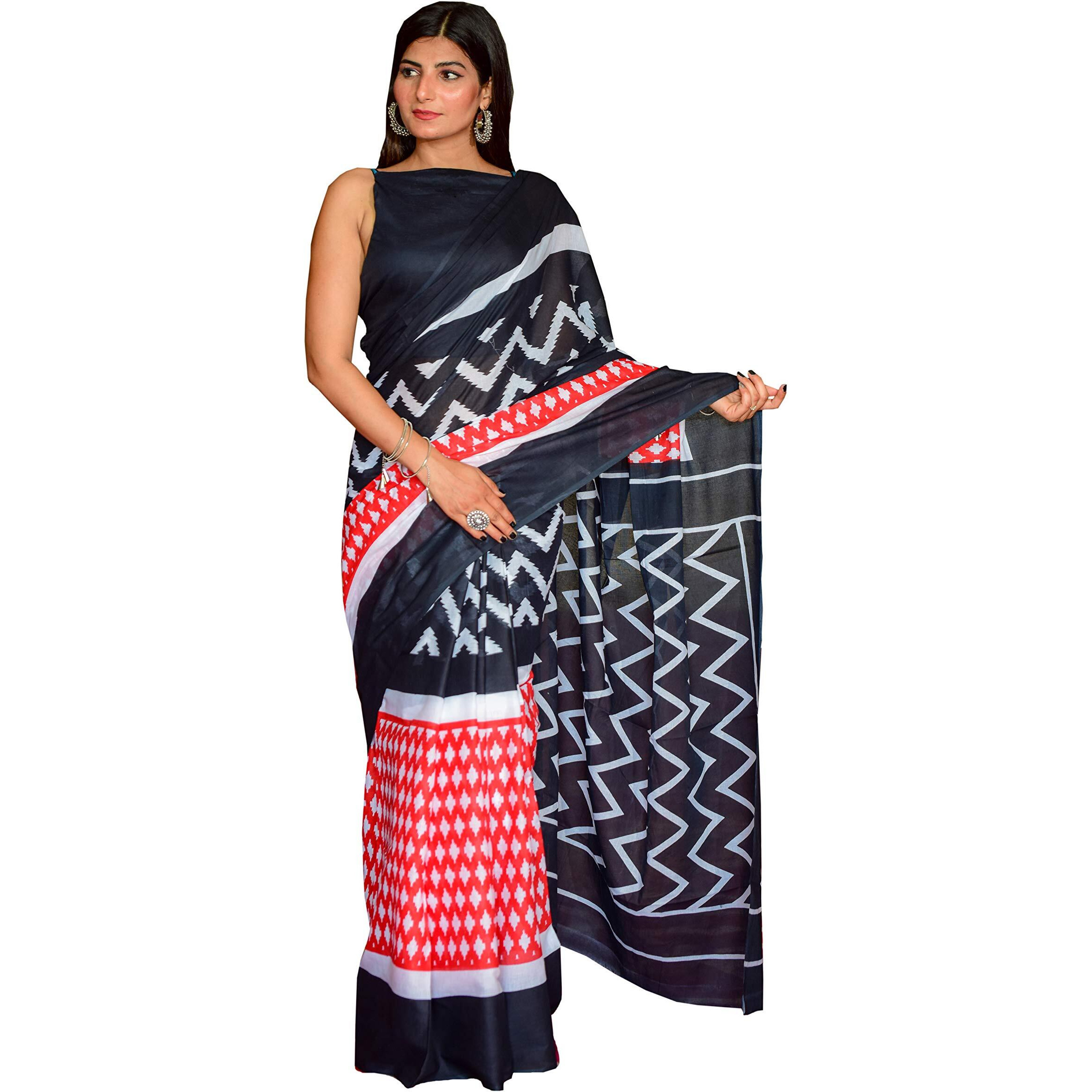 Kiaaron Womens Hand Block Kalamkari Batik Bagru Jaipuri Ikat Printed Handloom Pure Cotton Mulmul Traditional Ethnic Cotton Sarees With Printed Blouse Piece - Black