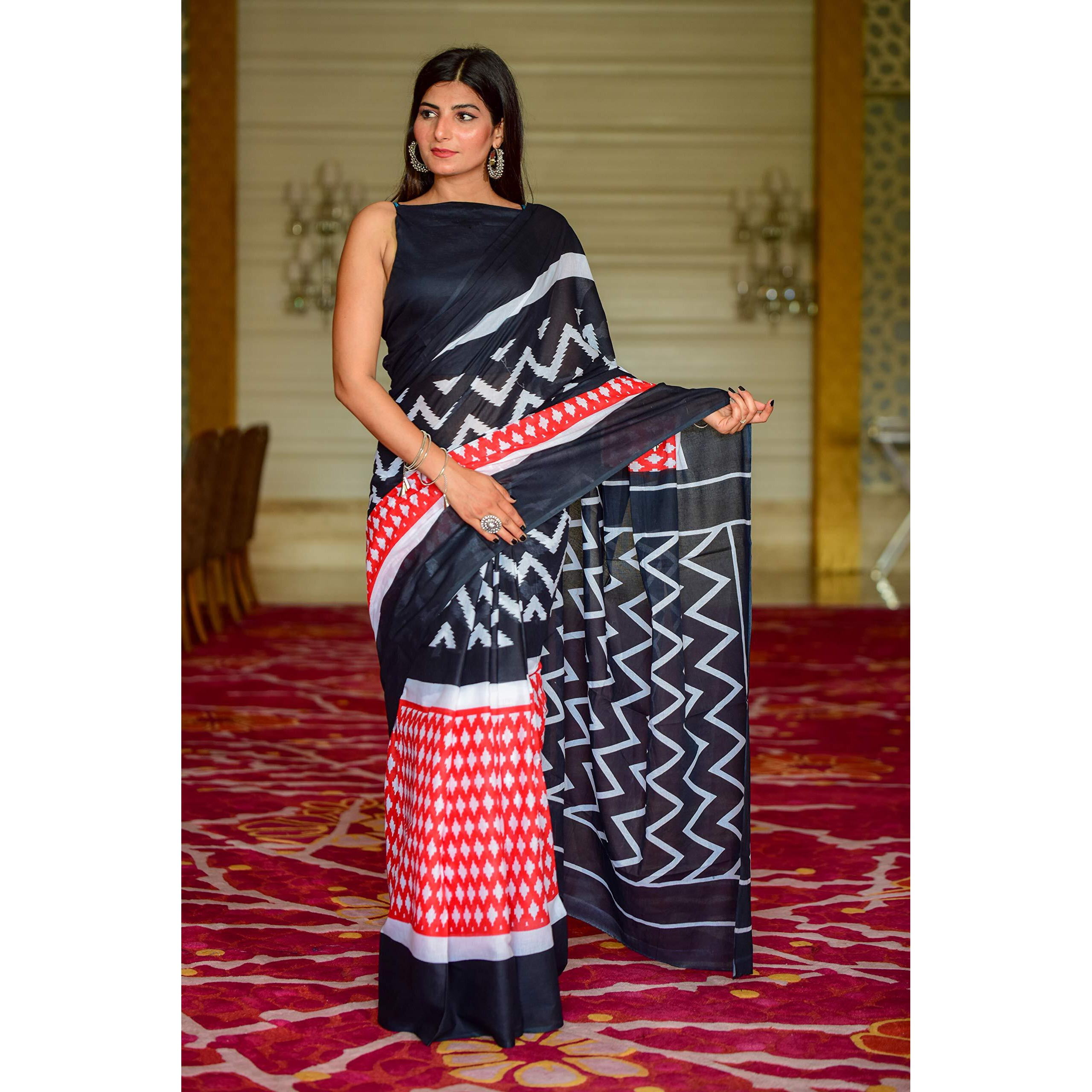 Kiaaron Womens Hand Block Kalamkari Batik Bagru Jaipuri Ikat Printed Handloom Pure Cotton Mulmul Traditional Ethnic Cotton Sarees With Printed Blouse Piece - Black