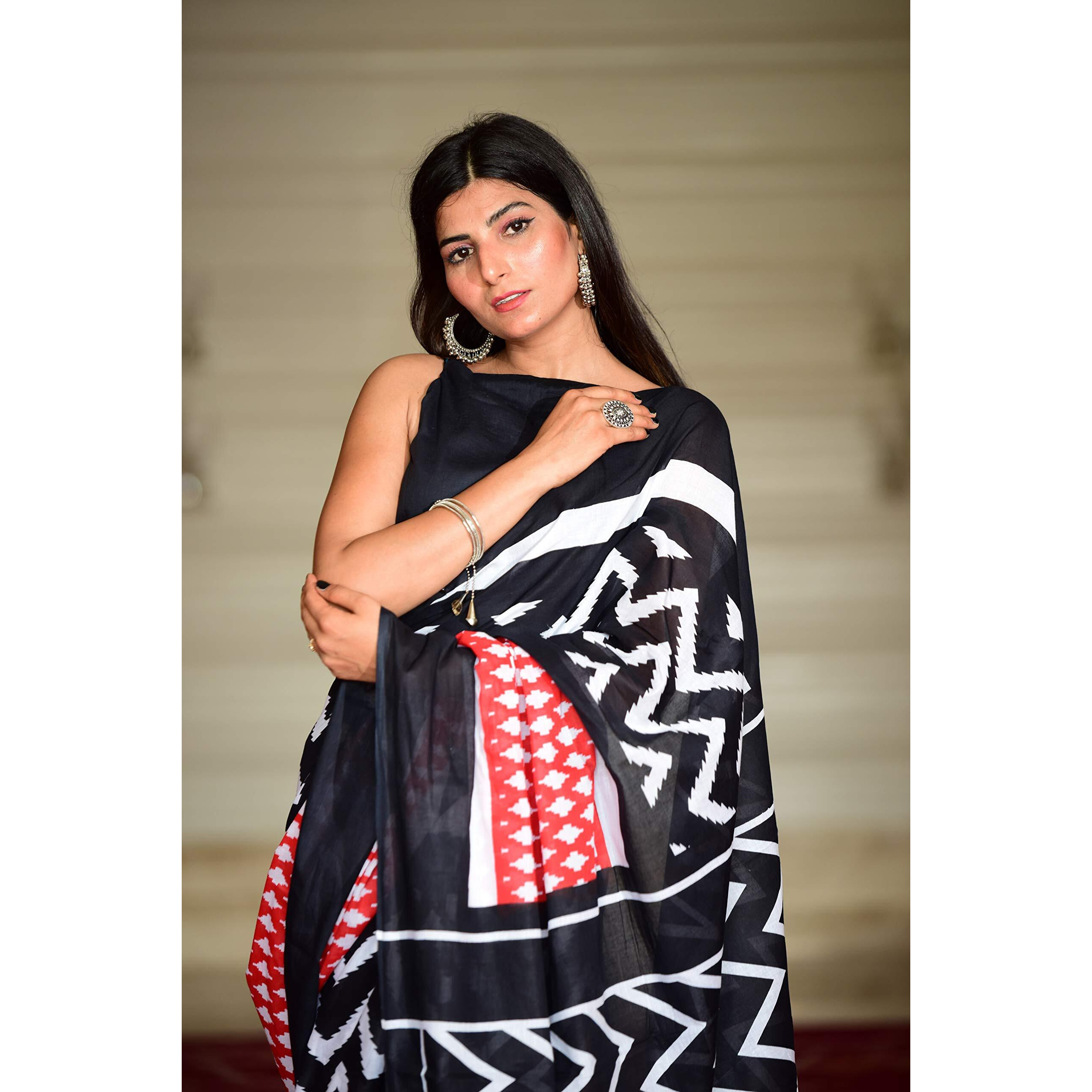 Kiaaron Womens Hand Block Kalamkari Batik Bagru Jaipuri Ikat Printed Handloom Pure Cotton Mulmul Traditional Ethnic Cotton Sarees With Printed Blouse Piece - Black