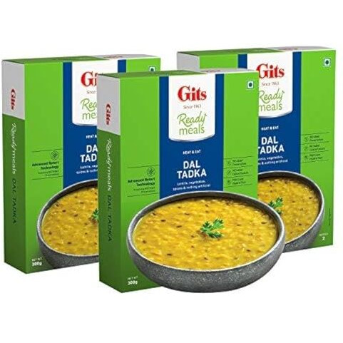Gits Ready to Eat Dal Tadka, Pure Veg Heat and Eat Indian Meal, Microwaveable, 1200g (Pack of 4 X 300g Each)