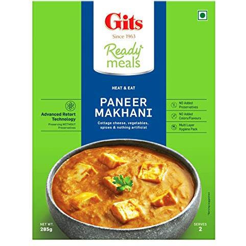 Gits Ready to Eat Paneer Makhani, Pure Veg, Heat and Eat Buttery Indian Gravy, Microwaveable, 1140g (Pack of 4 X 285g Each)