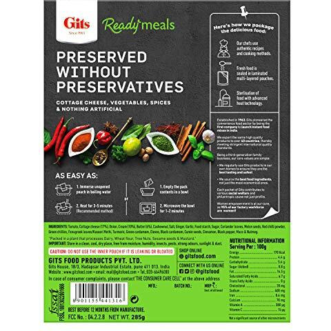 Gits Ready to Eat Paneer Makhani, Pure Veg, Heat and Eat Buttery Indian Gravy, Microwaveable, 1140g (Pack of 4 X 285g Each)