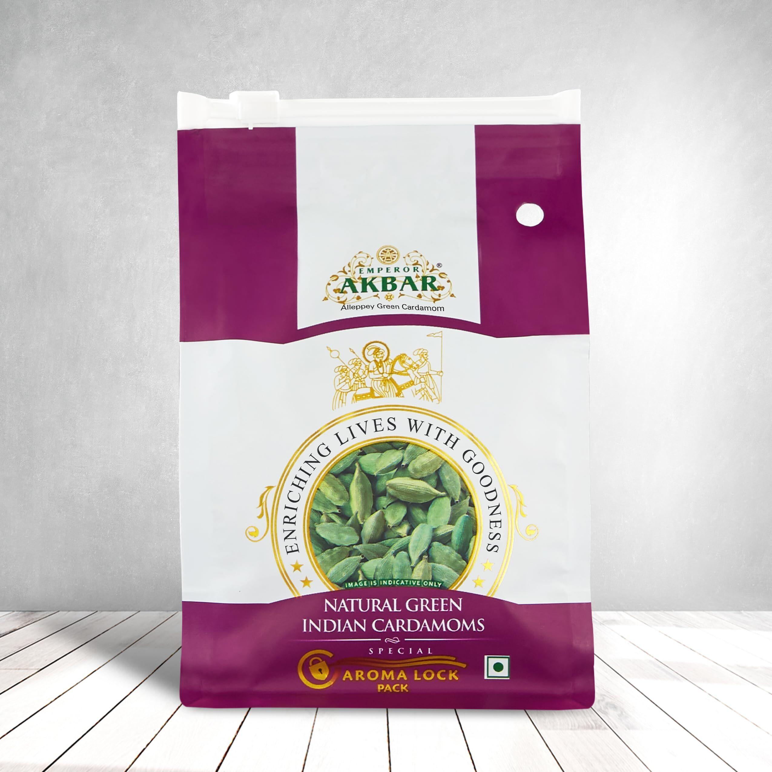 Emperor Akbar Cardamom (Elaichi)- 50g - Green Cardamom in Superior Aroma-lock Pack (Purple Grade - 8mm above)