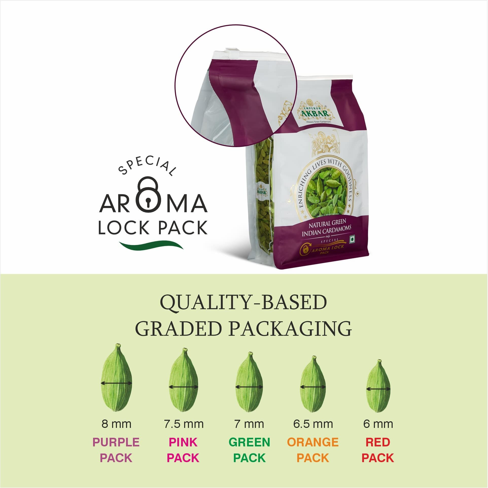 Emperor Akbar Cardamom (Elaichi)- 50g - Green Cardamom in Superior Aroma-lock Pack (Purple Grade - 8mm above)