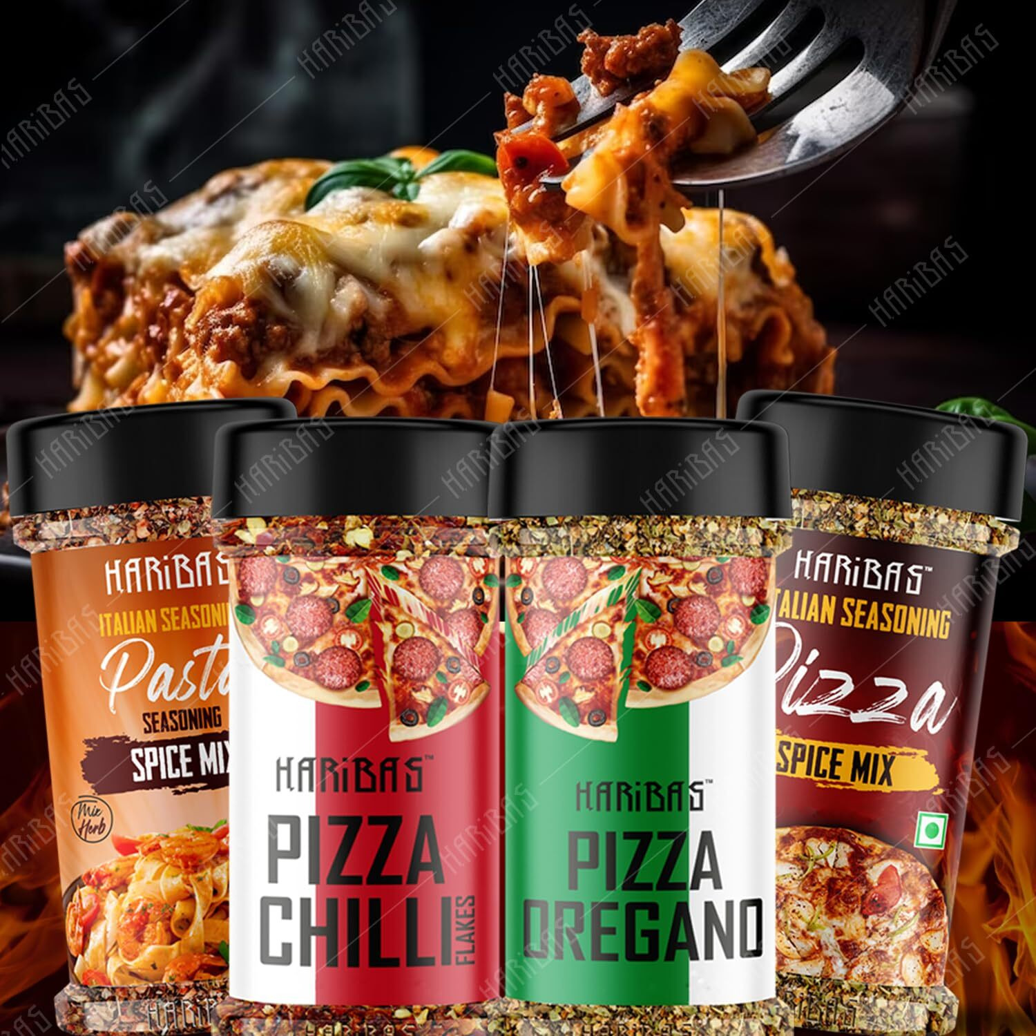 HARIBAS Italian Combo Pasta 50gm, Chilli Flakes 40gm, Oregano 40gm and Pizza Spice Mix 60gm (Pack of 4)