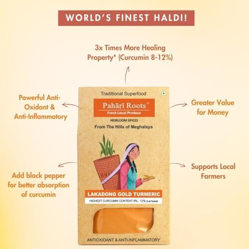 Pahari Roots 8  12% High Curcumin Gold Lakadong Turmeric Powder 400g Jaintia Hills, Meghalaya | Haldi | Healing Aromatic Flavorful |Fresh Harvest| 400gm